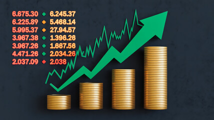 A financial growth chart with a dark background featuring a green upward-trending arrow and stacked gold coins