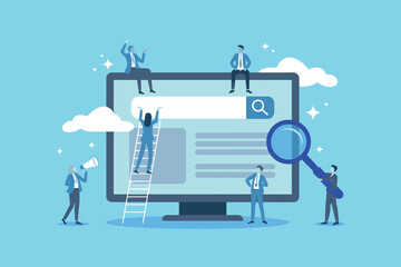 Digital marketing team collaborates on website search engine optimization strategy with magnifying glass and computer screen