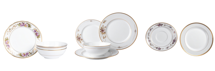 setof  Porcelain Dinnerware with Golden Accents – Classic and Contemporary Styles Isolated on Transparent Background