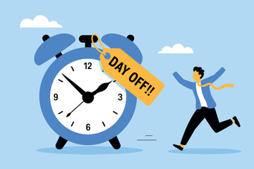 Joyful celebration of a day off with an alarm clock signaling freedom from work routine and stress