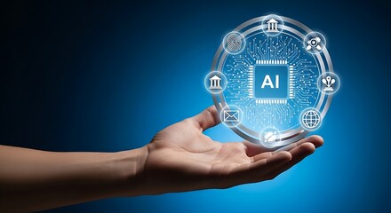 Digital transformation and machine learning visualization with AI microchip and interconnected network application icons.