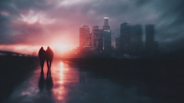 A couple walks on a wet path reflecting city lights during a dramatic sunset under a stormy sky