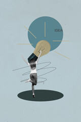 Image vertical artwork collage of happy businesswoman businessman stand light bulb idea finding progress statistics power