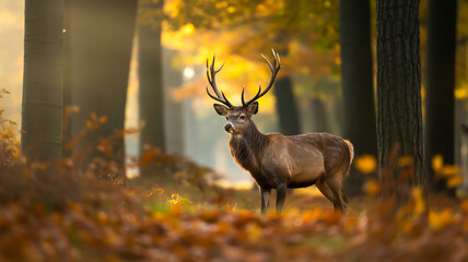 A majestic deer stands in a misty autumn forest, its antlers catching golden sunlight.