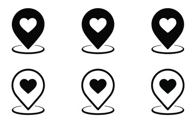  Heart location pin icon set – solid and outline black symbols for love, travel, dating, emotional mapping, and location-based design use