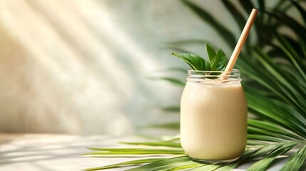 Glass of smooth smoothie with straw and bamboo stick on a wooden surface
