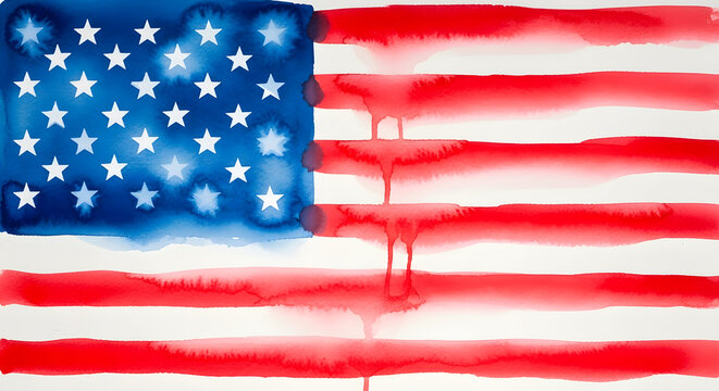 Watercolor painting of the american flag with dripping red paint effect