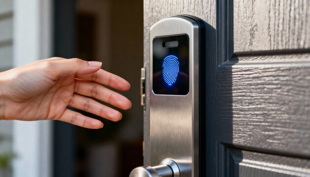 Hand unlocking a door with a fingerprint smart lock. Biometric scanner for keyless entry. Modern home security and access control technology