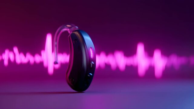 A digital hearing aid on a table with a glowing pink sound wave animation demonstrating sound perception for hearing impaired.