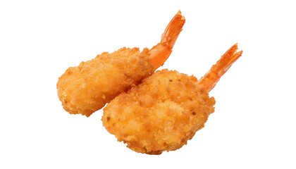 Two golden crispy fried shrimps isolated on transparent background