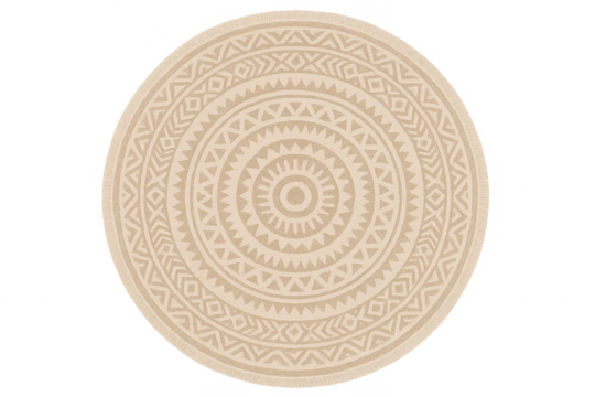 Round beige tribal boho rug with mandala pattern