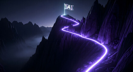 Mountain Path Success Achievement Goal Purple Neon Light Copy Space