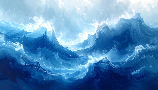 Digitally rendered illustration of flowing ocean waves and turbulent sky in various shades of blue