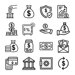 Deposit and Banking Icon Set – Savings, Money Transfer, Investment & Account Line Vector