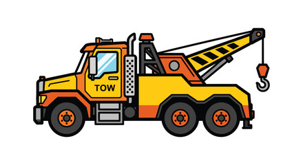 Illustration of a yellow tow truck with a crane cartoon style drawing