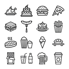Fast Food Line Icon Set – Burger, Pizza, Hot Dog, Fries, Ice Cream, Coffee, Donut Vector