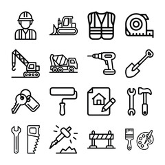 Construction Line Icon Set – Building, Tools, Crane, Excavator, Home Repair, Contractor Vector Illustration