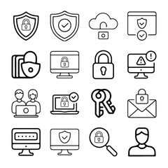 Computer & Cyber Security Thin Line Icons Set – Data Protection, Privacy, Shield & Network Vector