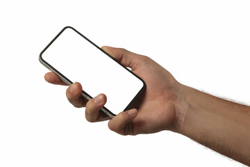 A Close-Up Photograph of a Light-Skinned Hand Holding a Smartphone with a Blank Isolated White Screen on a White Background