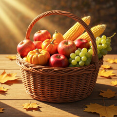 AI Generated image of a wicker basket filled with colorful seasonal produce.