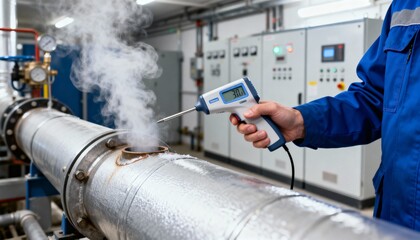 A technician measures the temperature of a steaming, leaking industrial pipe with a digital thermometer. Maintenance and safety inspection in a factory. Industrial diagnostics concept