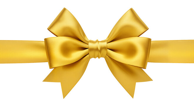 An elegant golden satin ribbon and bow, a decorative banner element for gift certificates, awards, and premium branding.Transparent Background, Cutout