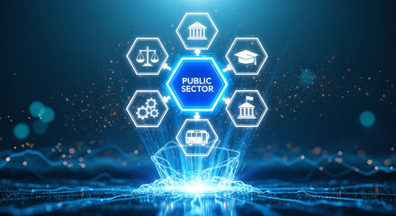 Public Sector Government Services Administration Digital Concept Hexagon Icons Blue Copy Space