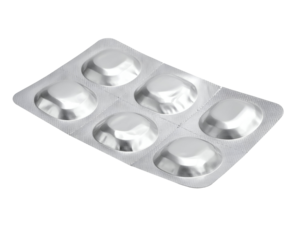 Sealed blister pack with six tablets, silver foil pharmaceutical medicine packaging for dosage and patient treatment on isolated background