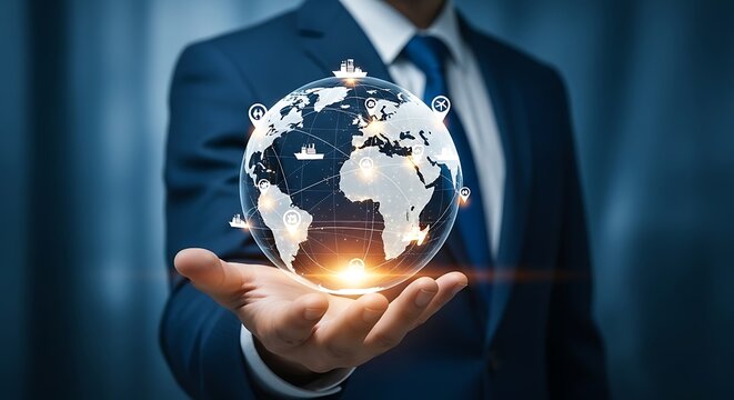 Global Network Concept Globe Held in Hand in Suit on Blue