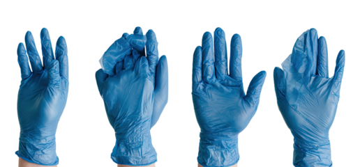 Four hands wearing blue disposable gloves