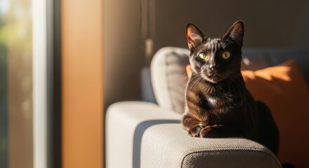 Elegant brown burmese cat sitting gracefully on a sofa, basking in the warm sunlight streaming through the window at home