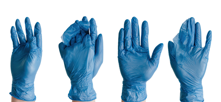 Four hands wearing blue disposable gloves