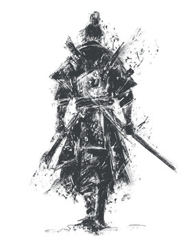 Monochrome ink illustration of a samurai from behind, clad in traditional armor with swords &mdash; expressive brushwork evokes strength, discipline, and cultural depth.