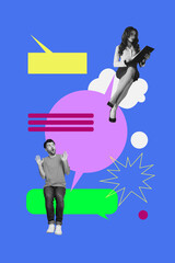 Collage of diverse people blogging chatting speech bubbles representing communication digital interaction business correspondence