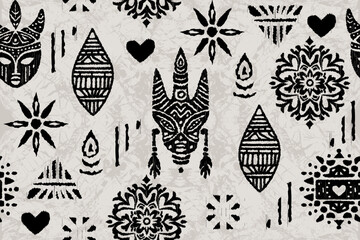 Tribal African Pattern in Black and White with Ethnic Geometric Motifs. Seamless ethnic Ikat, folk embroidery, Mexican style Aztec geometry for Graphic Arts, Carpet Design,  Wallpaper, Wrapping