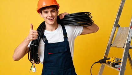 Smiling electrician in a hard hat holding a cable and giving a thumbs up. Professional construction worker with tools on a yellow background. Reliable repair and maintenance service concept