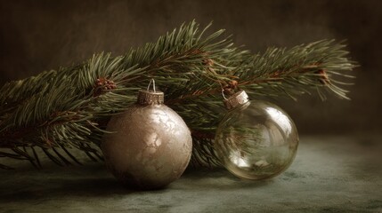 Christmas ornaments on pine branch holiday decor still life festive atmosphere close-up view seasonal celebration