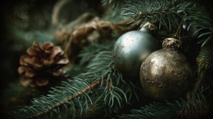 Christmas ornaments hanging on evergreen branches festive decor close-up view holiday spirit