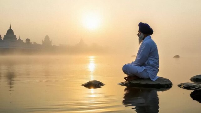 Contemplative Guru Nanak Jayanti with spiritual man meditating near river during sunrise. Guru Nanak Jayanti includes a figure in traditional Sikh attire, adding a touch of reverence and reflection.