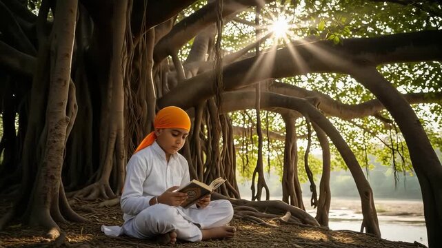 Boy reading during Guru Nanak Jayanti celebration near tree, with serene surroundings. Guru Nanak Jayanti celebration includes young child dressed in traditional attire,
