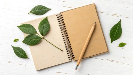 Eco-Friendly Notebook with Fresh Green Leaves and Pencil