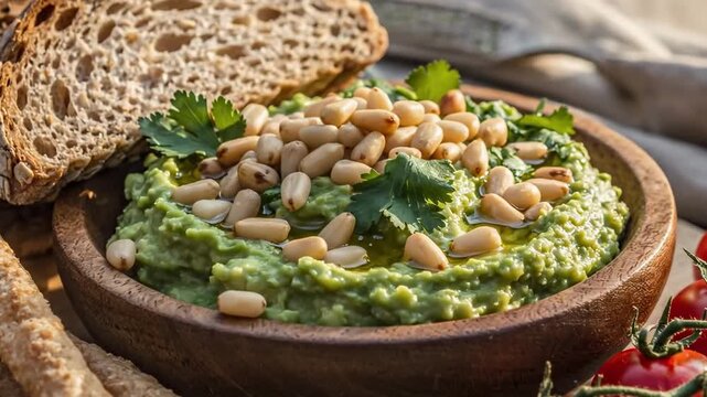 A vibrant close-up showcases a creamy, green dip, richly topped with golden pine nuts and fresh herbs, served in a rustic wooden bowl. Slices of wholesome artisan bread and crispy breadsticks are artf