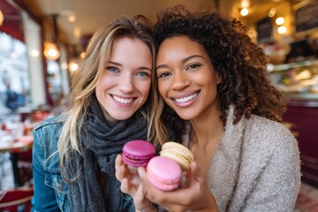 Happy women enjoying macarons and friendship in cafe