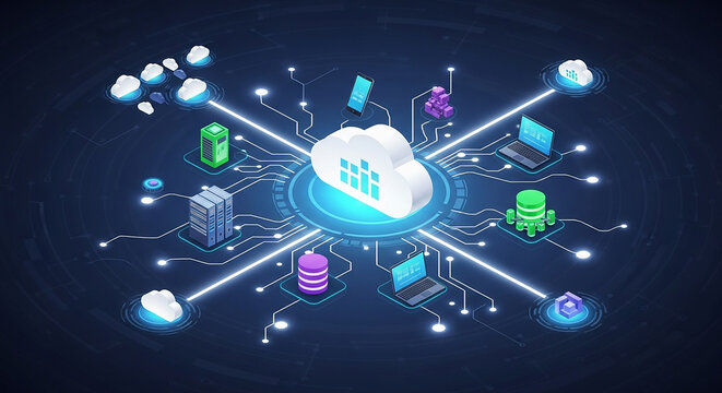 Illustration of cloud computing technology concept showing data storage and network connections