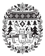 Fototapeta premium Cozy Winter Coloring Page with Flamingo, Cat, and Dog in Snowy Forest – Cute Christmas Animal Art for Kids