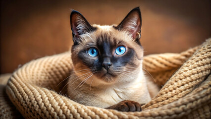 Portrait of a beautiful siamese cat with blue eyes wrapped in a blanket