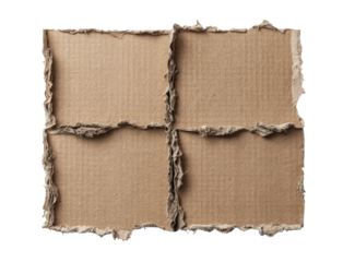 Top-down view of a used cardboard box with creased edges.  Four sections meet at the center, showing the paper's rough texture