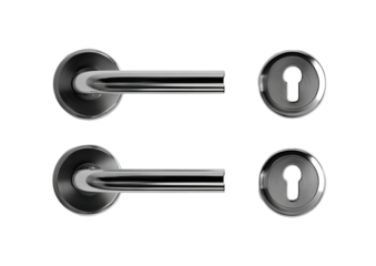 High-angle view of two door handles and keyholes.  Sleek, metallic handles with curved design.  Dark background