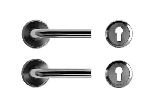 High-angle view of two door handles and keyholes.  Sleek, metallic handles with curved design.  Dark background
