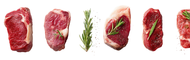 Raw beef steaks, seasoned with herbs and spices